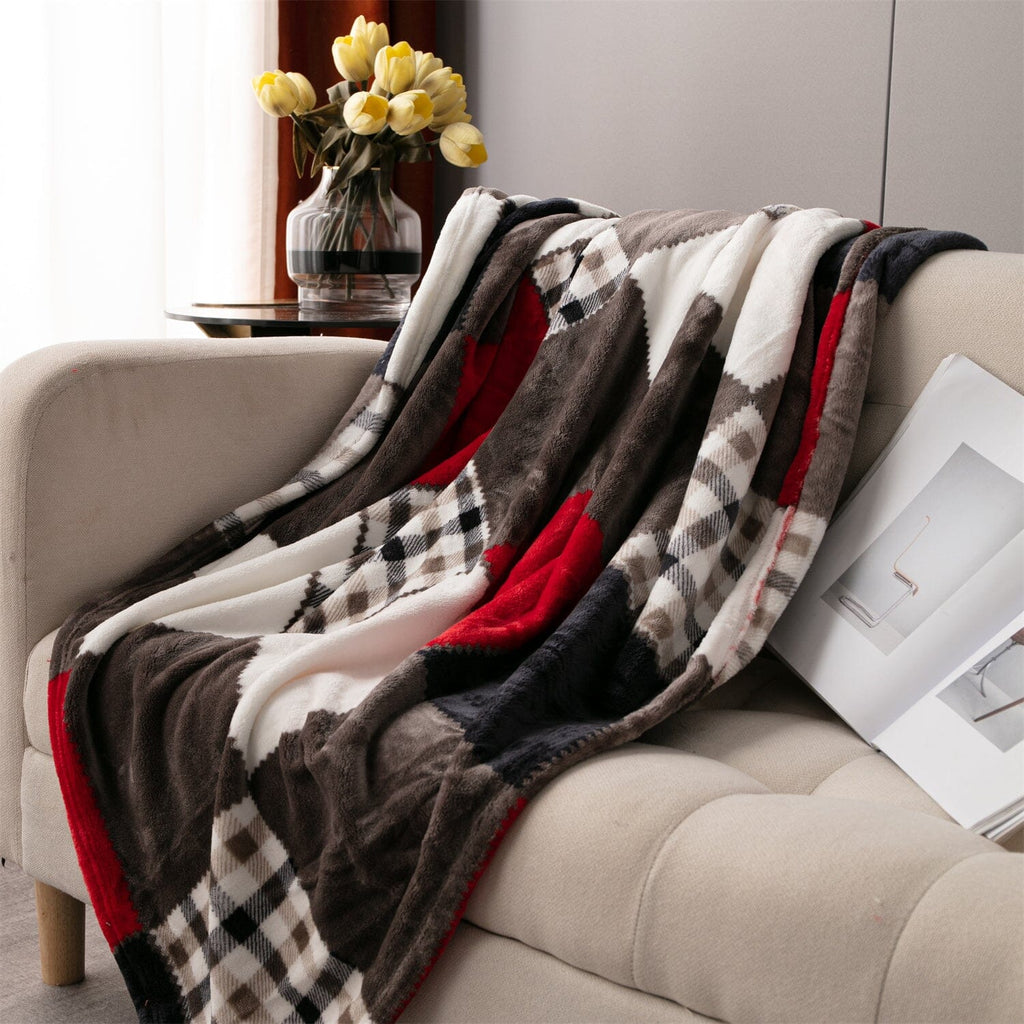 Tache Brown Red Sunset Maple Farmhouse Plaid Patchwork Throw Blanket (4025)