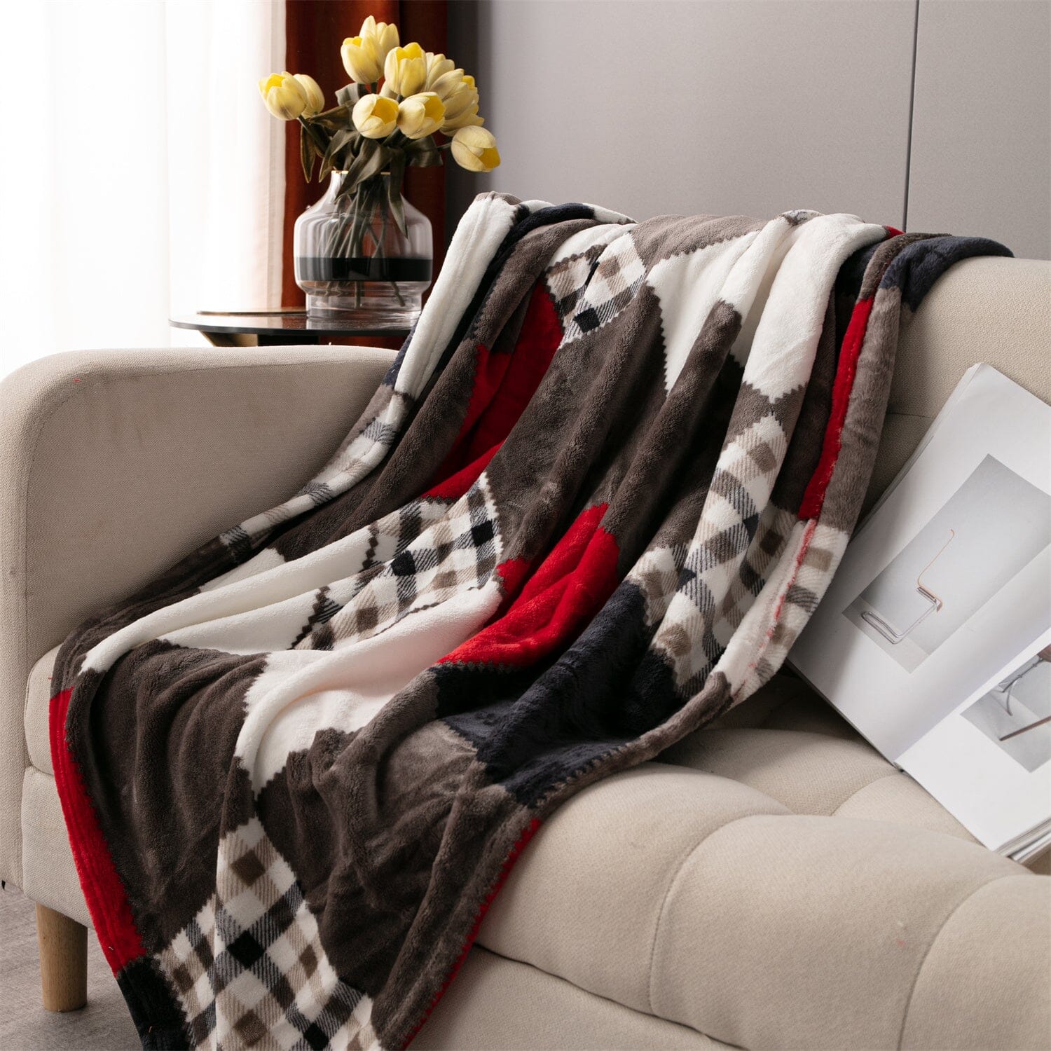Tache Brown Red Sunset Maple Farmhouse Plaid Patchwork Throw Blanket (4025)