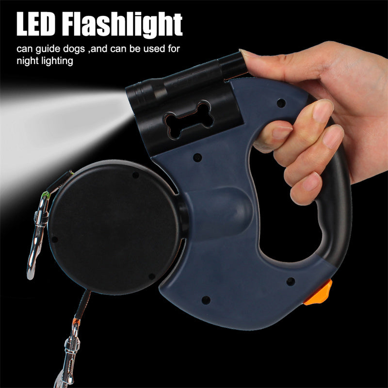 Retractable Dog Leash - Reflective Dual Pet Leash Lead 360 Swivel W/Lights