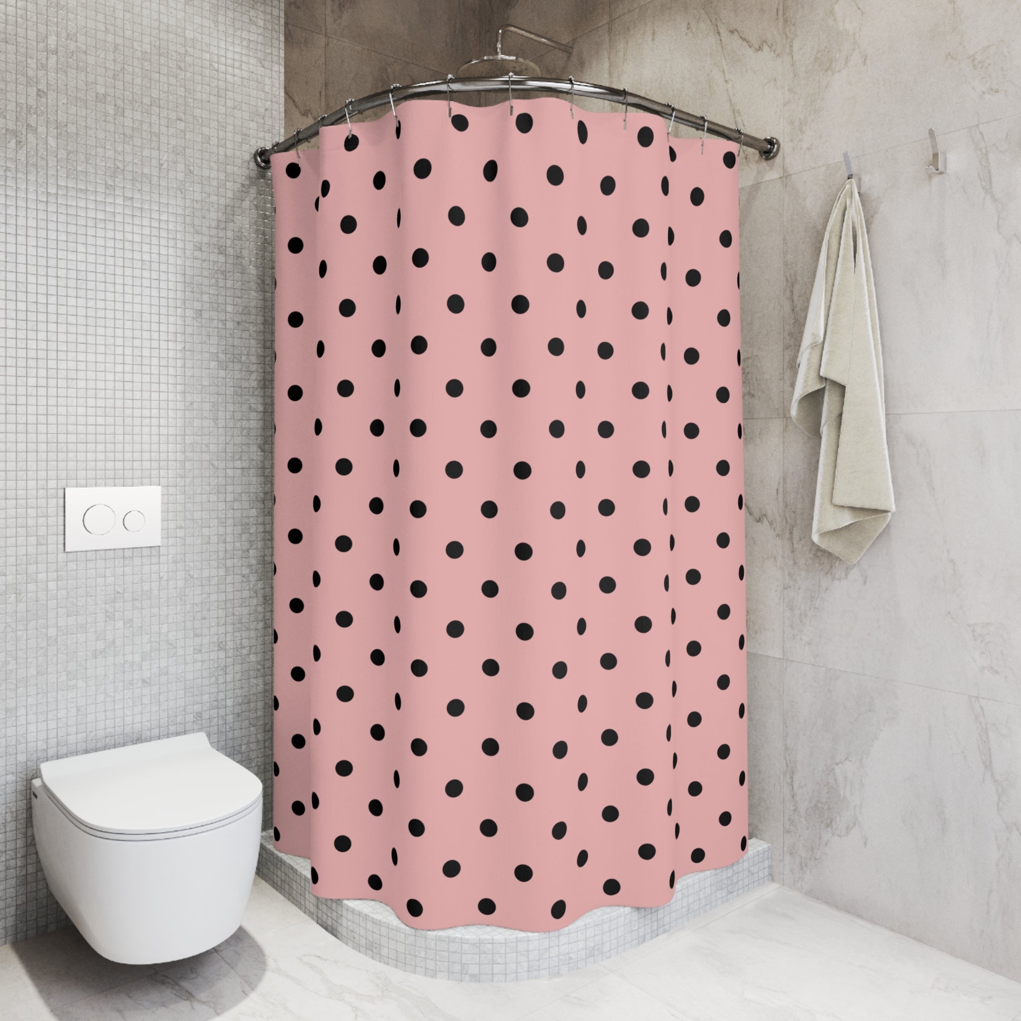 Pink and Black Polka Dot Shower Curtain — Chic Retro Bathroom Decor