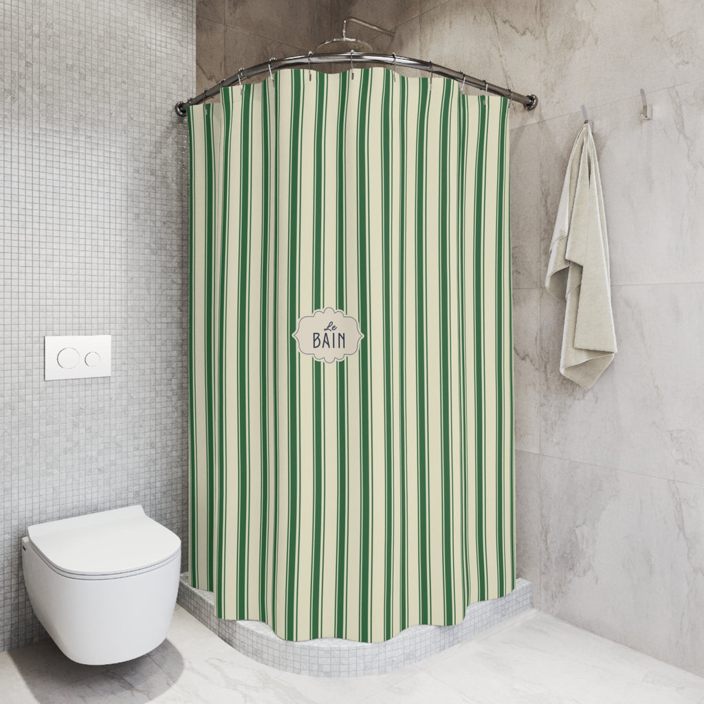 Le Bain Green Striped  Shower Curtain | Vintage French Bathroom