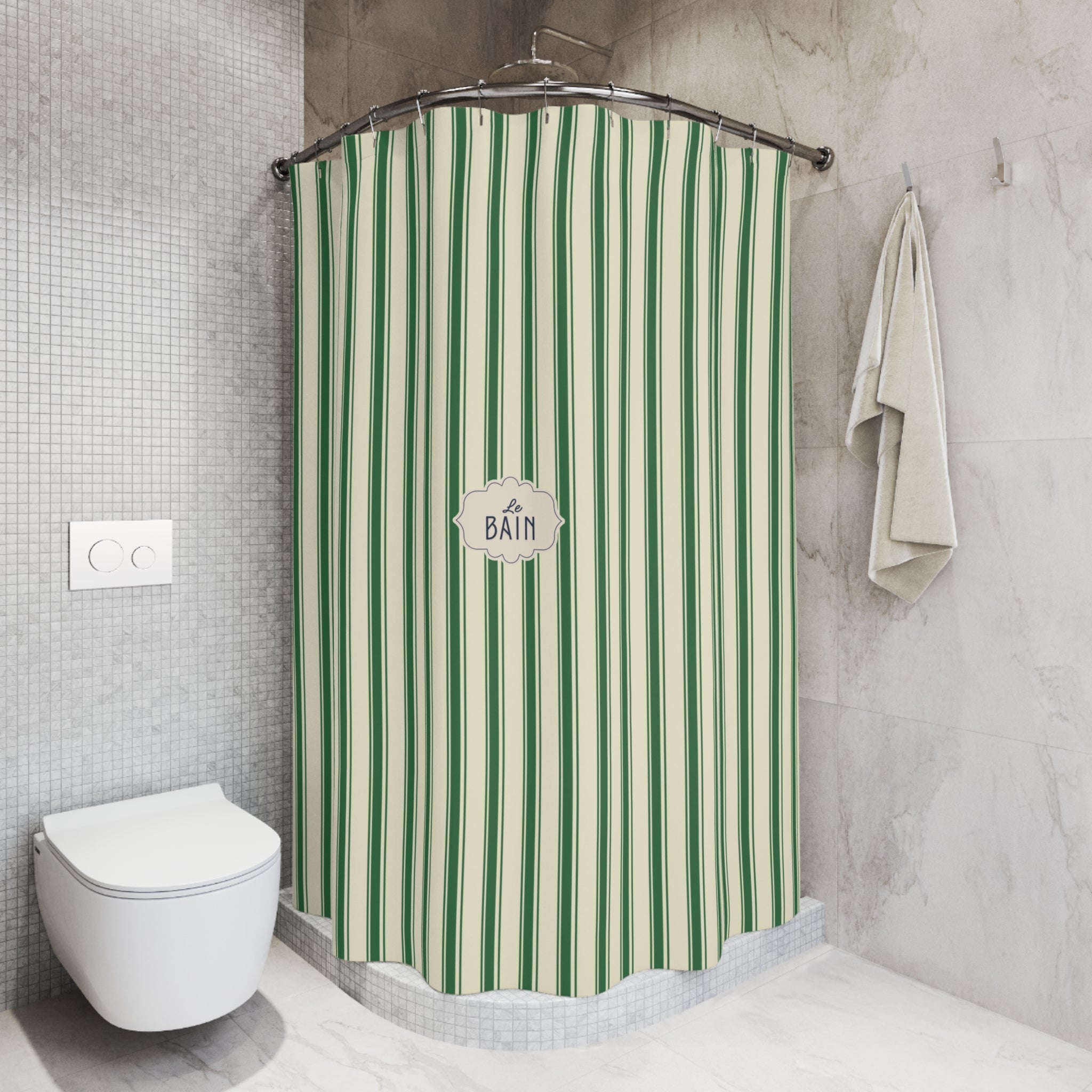 Le Bain Green Striped  Shower Curtain | Vintage French Bathroom
