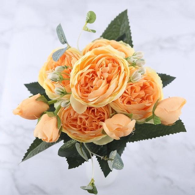 Rose Pink Silk Peony Artificial Flowers Bouquet 5 Big Head and 4 Bud