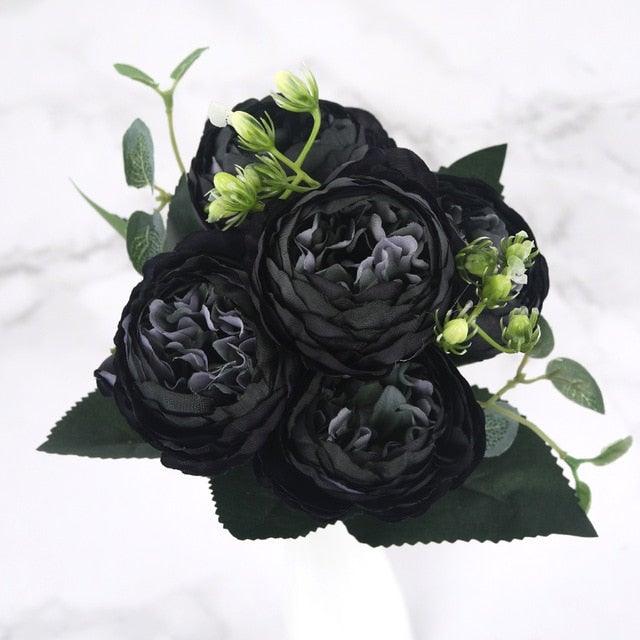 Rose Pink Silk Peony Artificial Flowers Bouquet 5 Big Head and 4 Bud