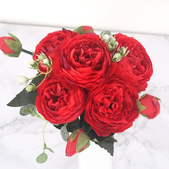 Rose Pink Silk Peony Artificial Flowers Bouquet 5 Big Head and 4 Bud