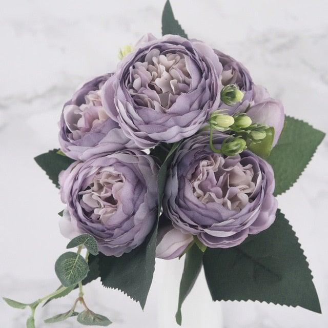 Rose Pink Silk Peony Artificial Flowers Bouquet 5 Big Head and 4 Bud
