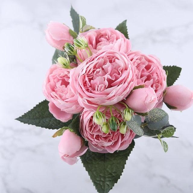 Rose Pink Silk Peony Artificial Flowers Bouquet 5 Big Head and 4 Bud
