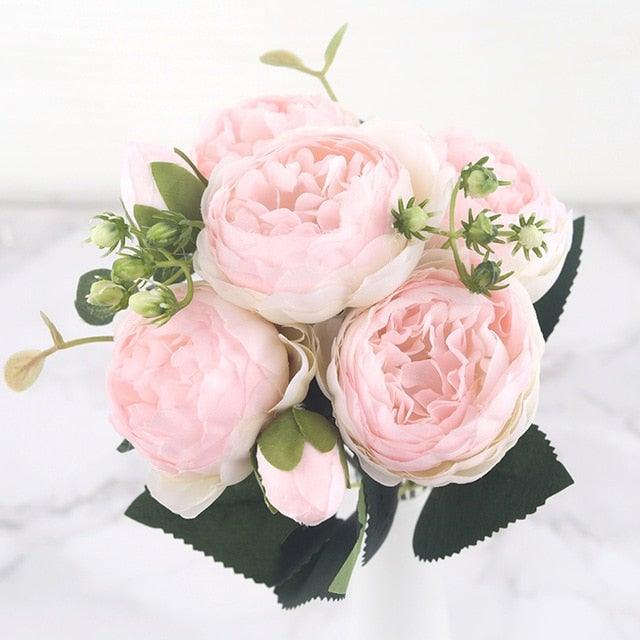 Rose Pink Silk Peony Artificial Flowers Bouquet 5 Big Head and 4 Bud