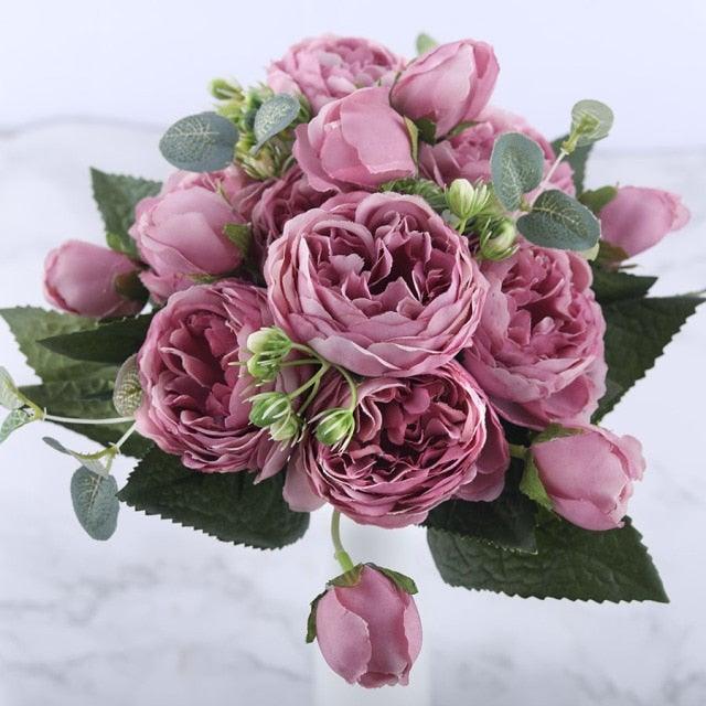 Rose Pink Silk Peony Artificial Flowers Bouquet 5 Big Head and 4 Bud