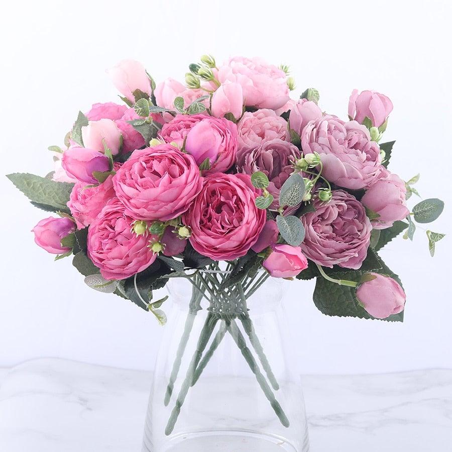 Rose Pink Silk Peony Artificial Flowers Bouquet 5 Big Head and 4 Bud
