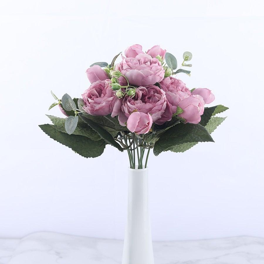 Rose Pink Silk Peony Artificial Flowers Bouquet 5 Big Head and 4 Bud
