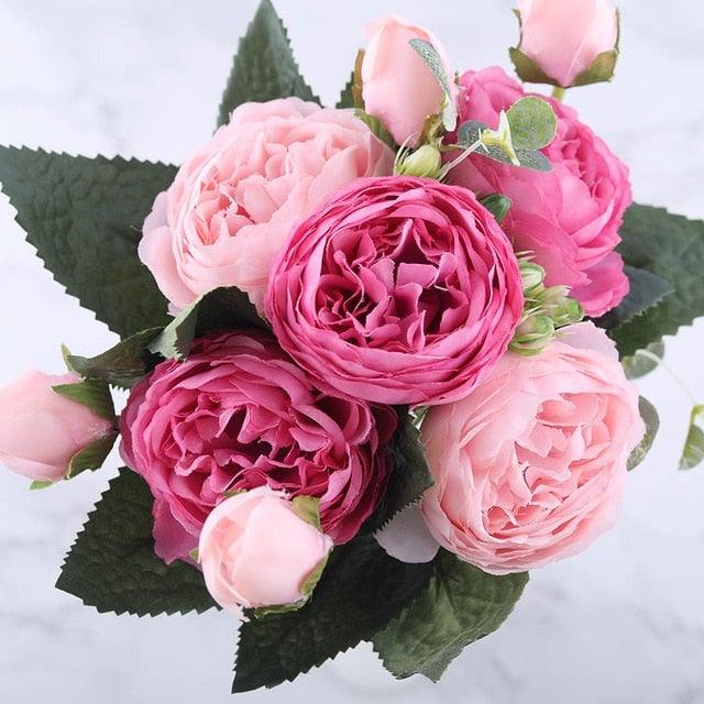 Rose Pink Silk Peony Artificial Flowers Bouquet 5 Big Head and 4 Bud