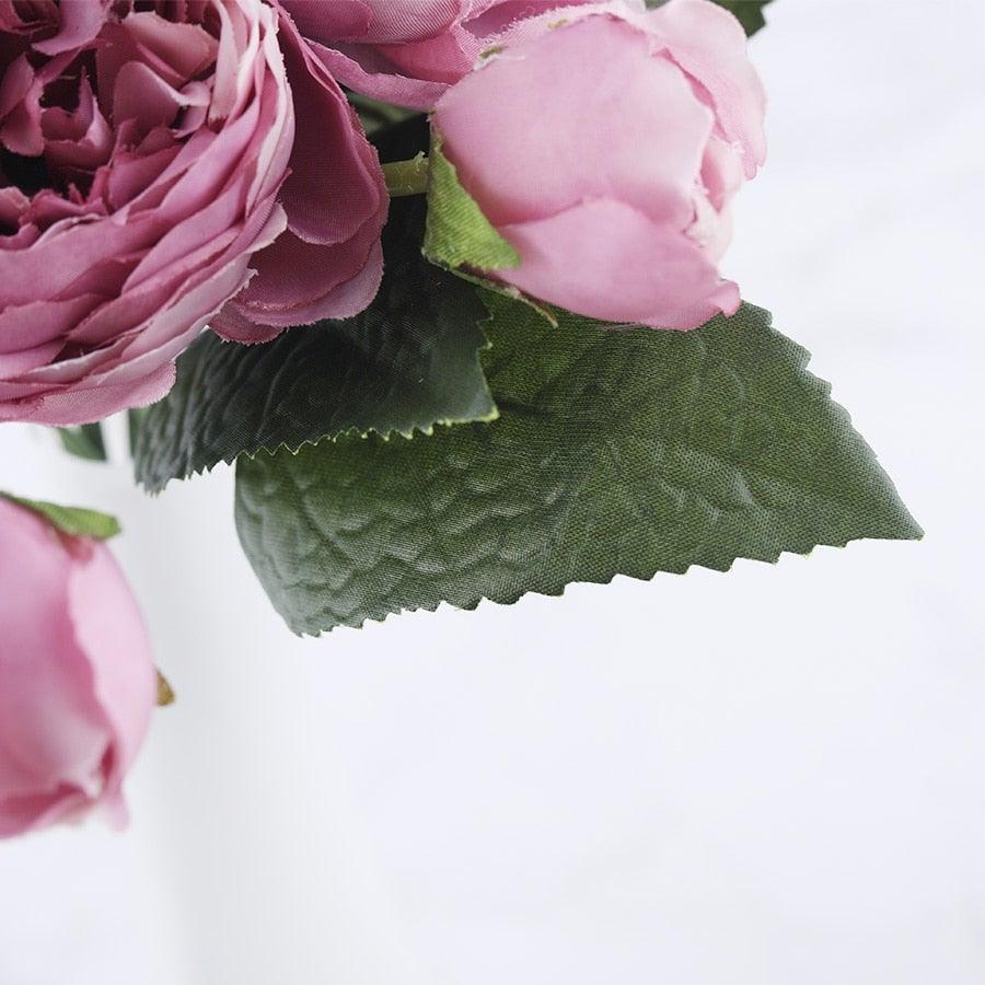 Rose Pink Silk Peony Artificial Flowers Bouquet 5 Big Head and 4 Bud