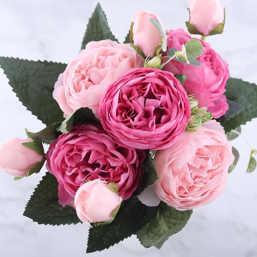 Rose Pink Silk Peony Artificial Flowers Bouquet 5 Big Head and 4 Bud