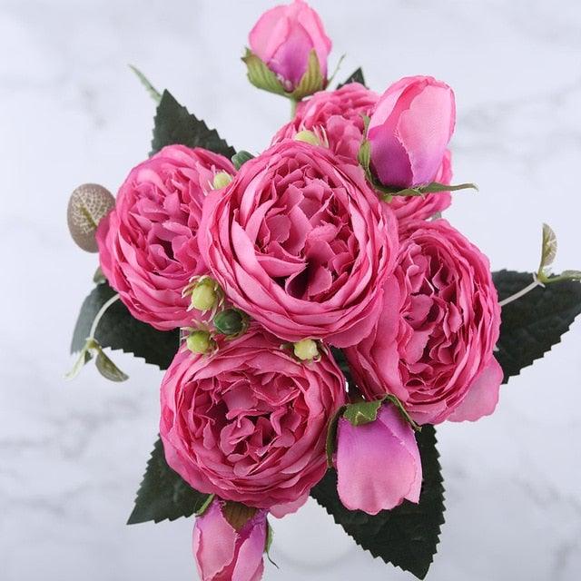 Rose Pink Silk Peony Artificial Flowers Bouquet 5 Big Head and 4 Bud