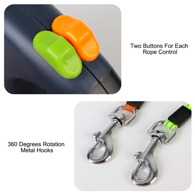 Retractable Dog Leash - Reflective Dual Pet Leash Lead 360 Swivel W/Lights