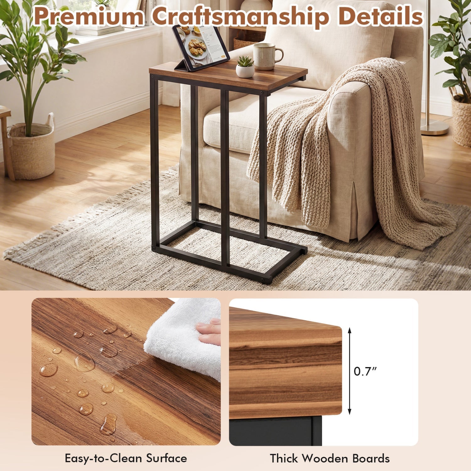 C-Shaped End Table Small Side Table with Sturdy Metal Frame