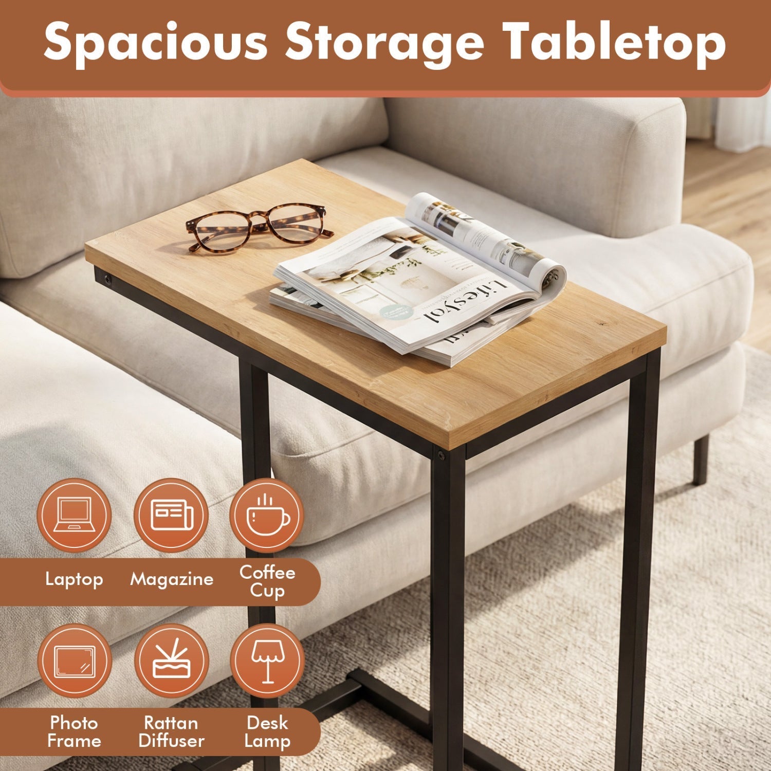 C-Shaped End Table Small Side Table with Sturdy Metal Frame