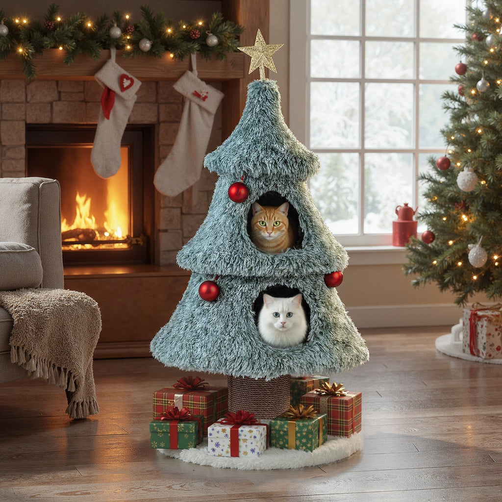 Christmas Cat Tree for Indoor Cats 48.5 inch Cute Cat Tower with 2 Large Condos