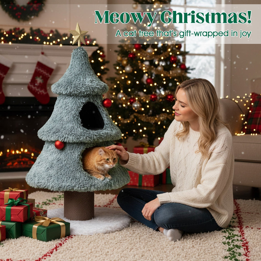 Christmas Cat Tree for Indoor Cats 48.5 inch Cute Cat Tower with 2 Large Condos