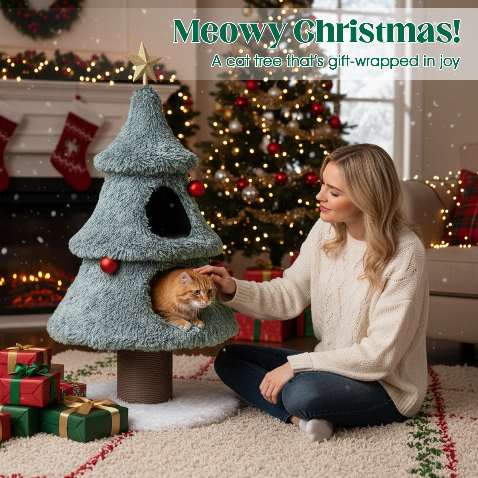 Christmas Cat Tree for Indoor Cats 48.5 inch Cute Cat Tower with 2 Large Condos