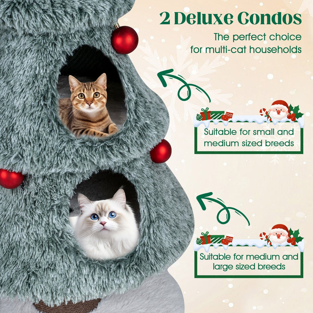 Christmas Cat Tree for Indoor Cats 48.5 inch Cute Cat Tower with 2 Large Condos