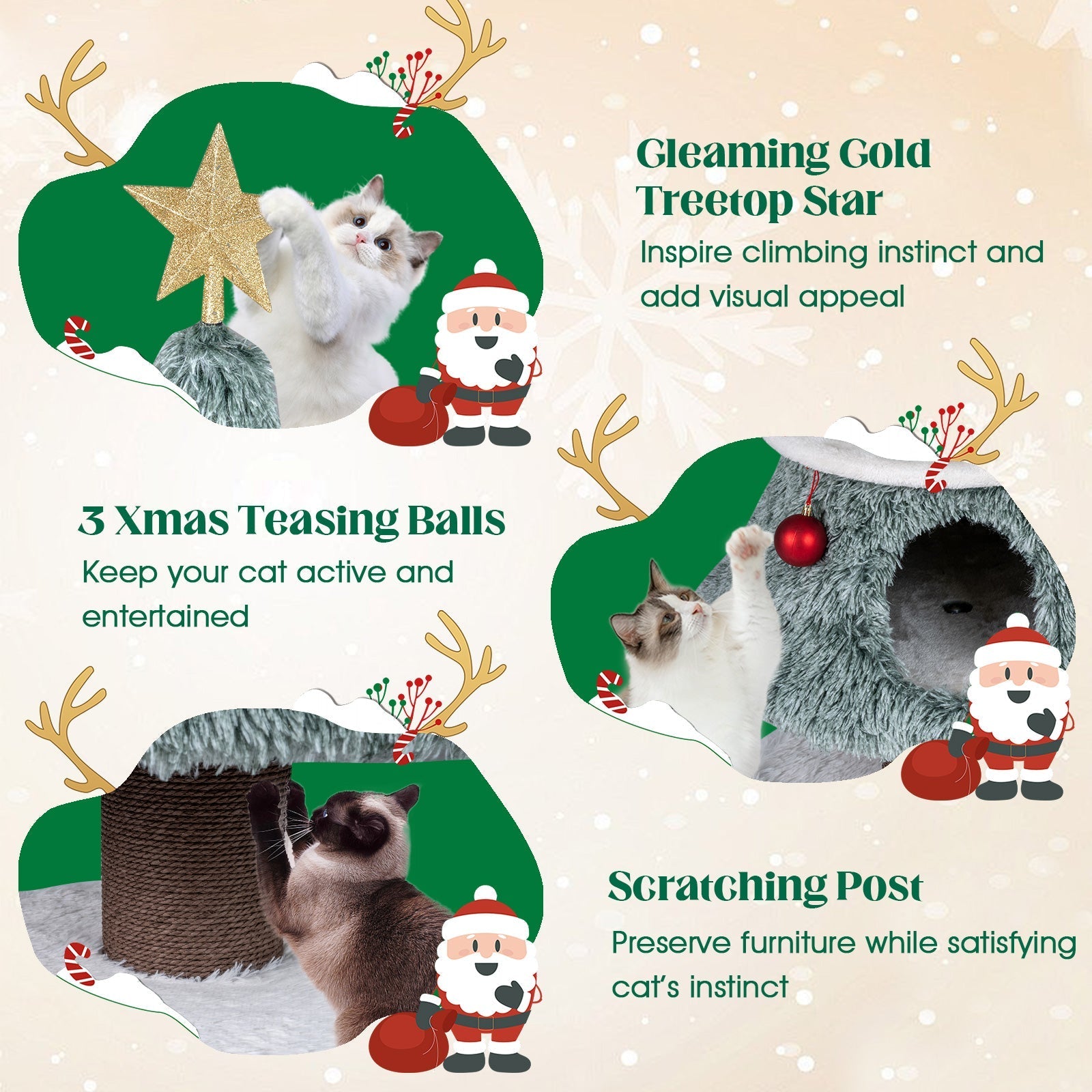 Christmas Cat Tree for Indoor Cats 48.5 inch Cute Cat Tower with 2 Large Condos
