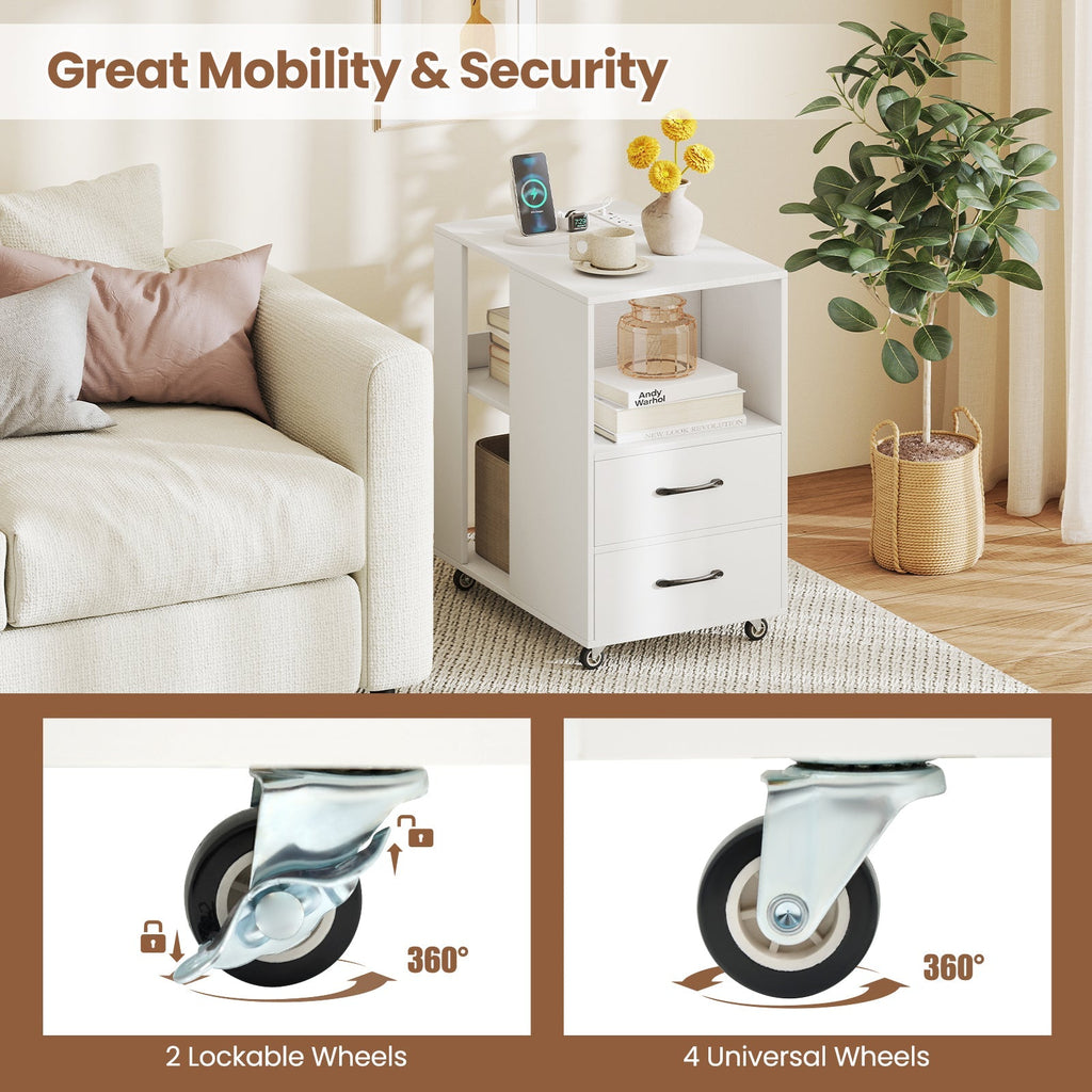 End Table with Built-in Charging Station Sofa Side Bedside Table on Wheels