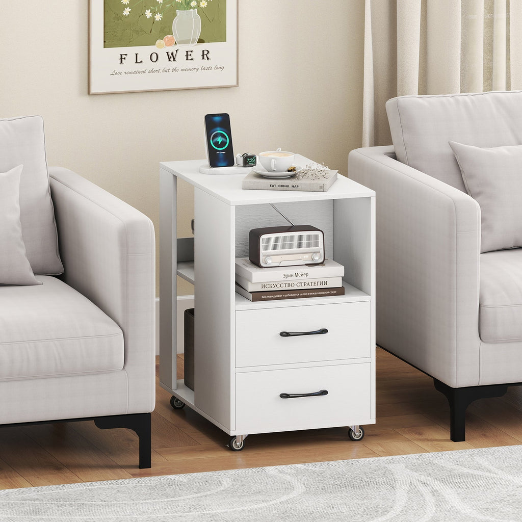 End Table with Built-in Charging Station Sofa Side Bedside Table on Wheels
