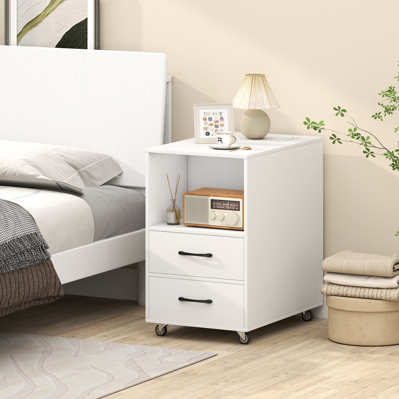 End Table with Built-in Charging Station Sofa Side Bedside Table on Wheels
