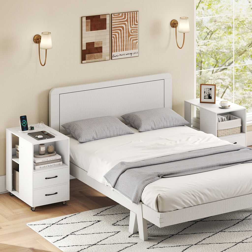 End Table with Built-in Charging Station Sofa Side Bedside Table on Wheels