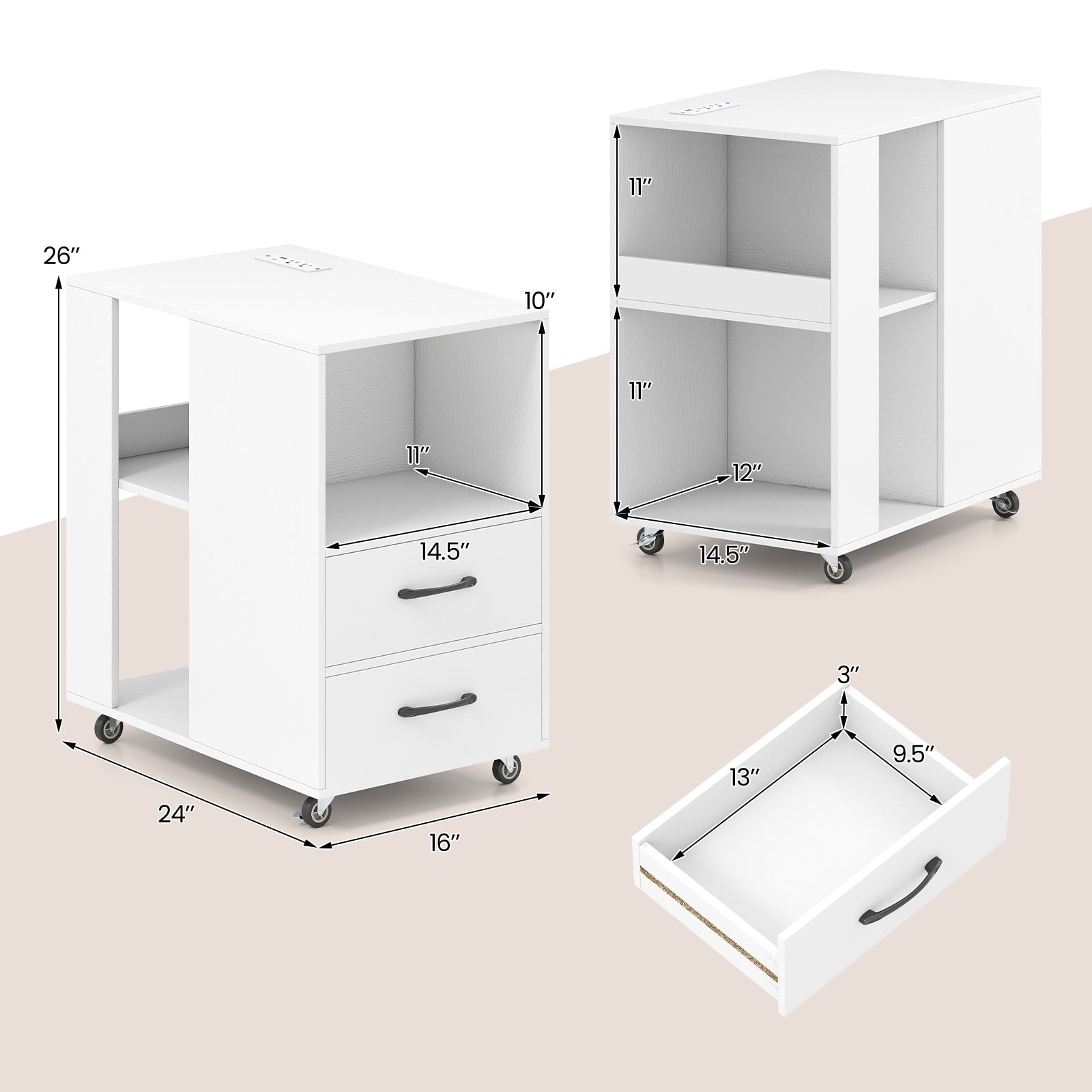 End Table with Built-in Charging Station Sofa Side Bedside Table on Wheels