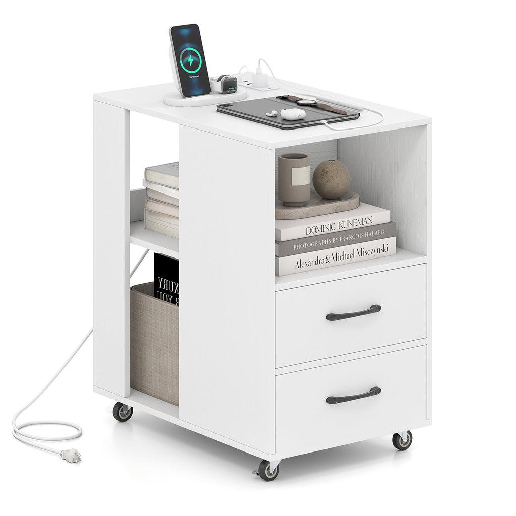 End Table with Built-in Charging Station Sofa Side Bedside Table on Wheels