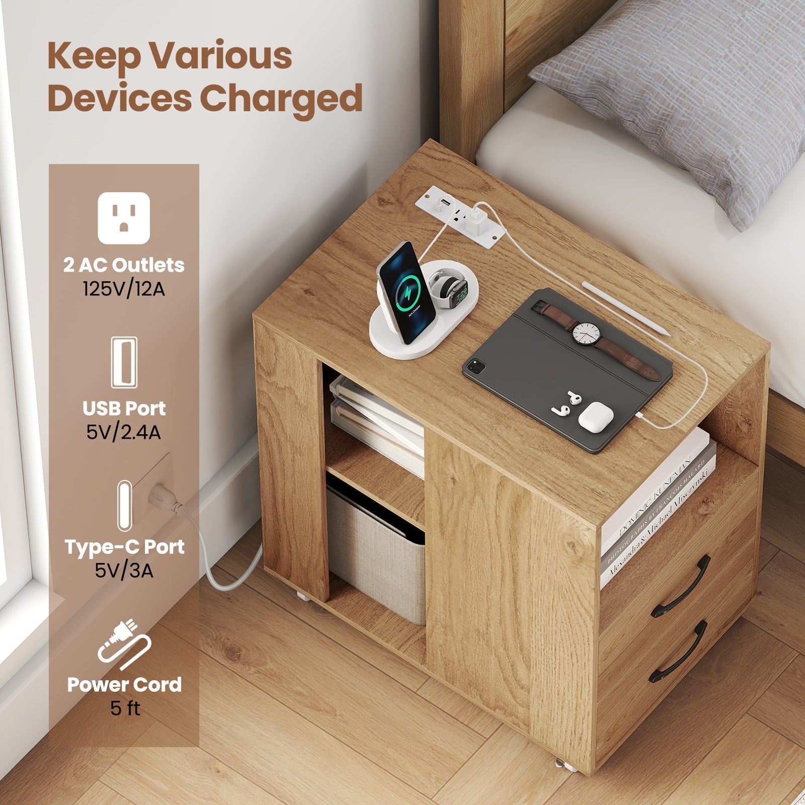 End Table with Built-in Charging Station Sofa Side Bedside Table on Wheels