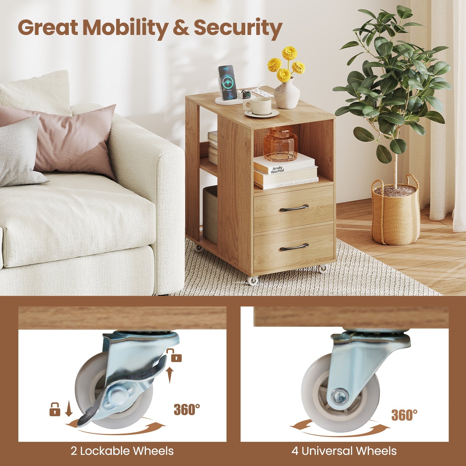 End Table with Built-in Charging Station Sofa Side Bedside Table on Wheels