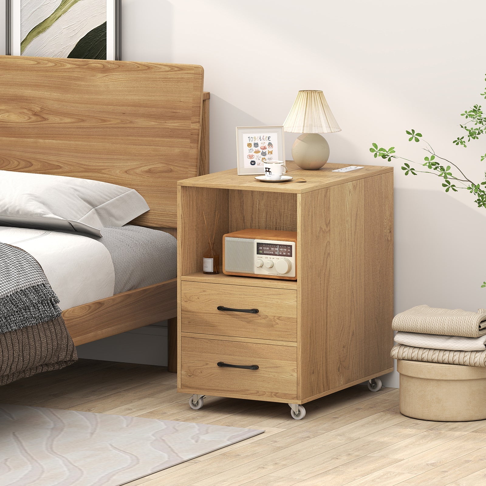 End Table with Built-in Charging Station Sofa Side Bedside Table on Wheels