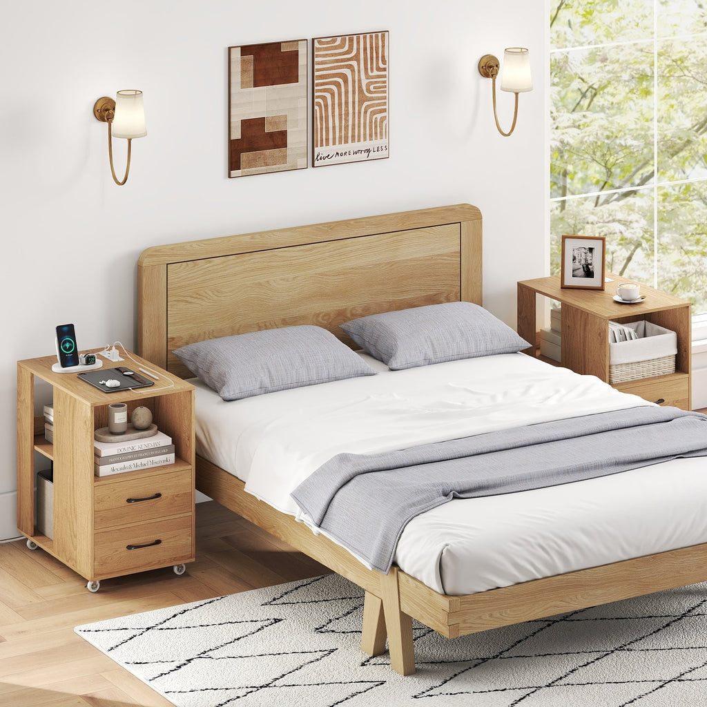 End Table with Built-in Charging Station Sofa Side Bedside Table on Wheels