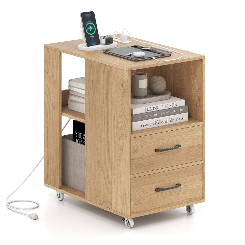 End Table with Built-in Charging Station Sofa Side Bedside Table on Wheels