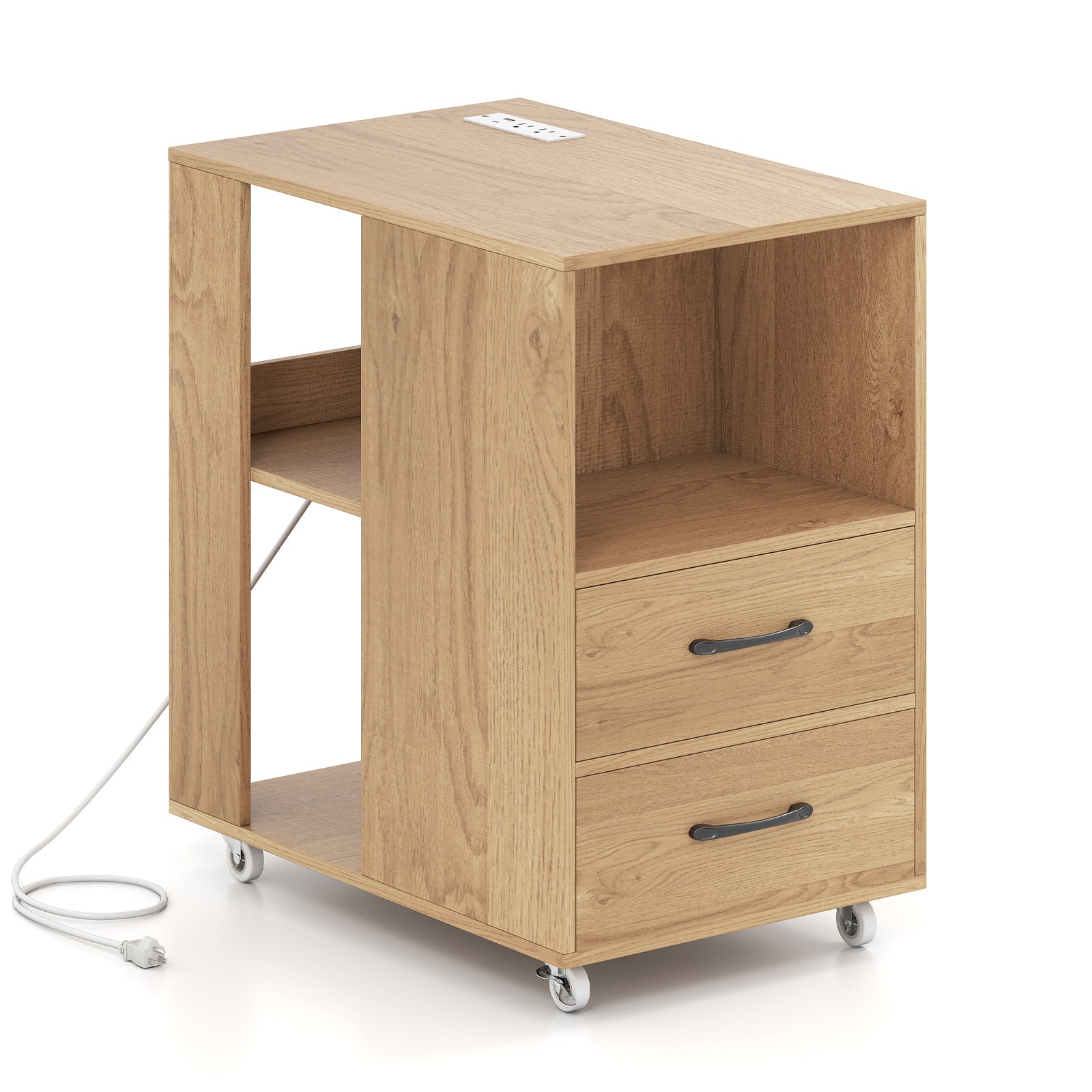 End Table with Built-in Charging Station Sofa Side Bedside Table on Wheels