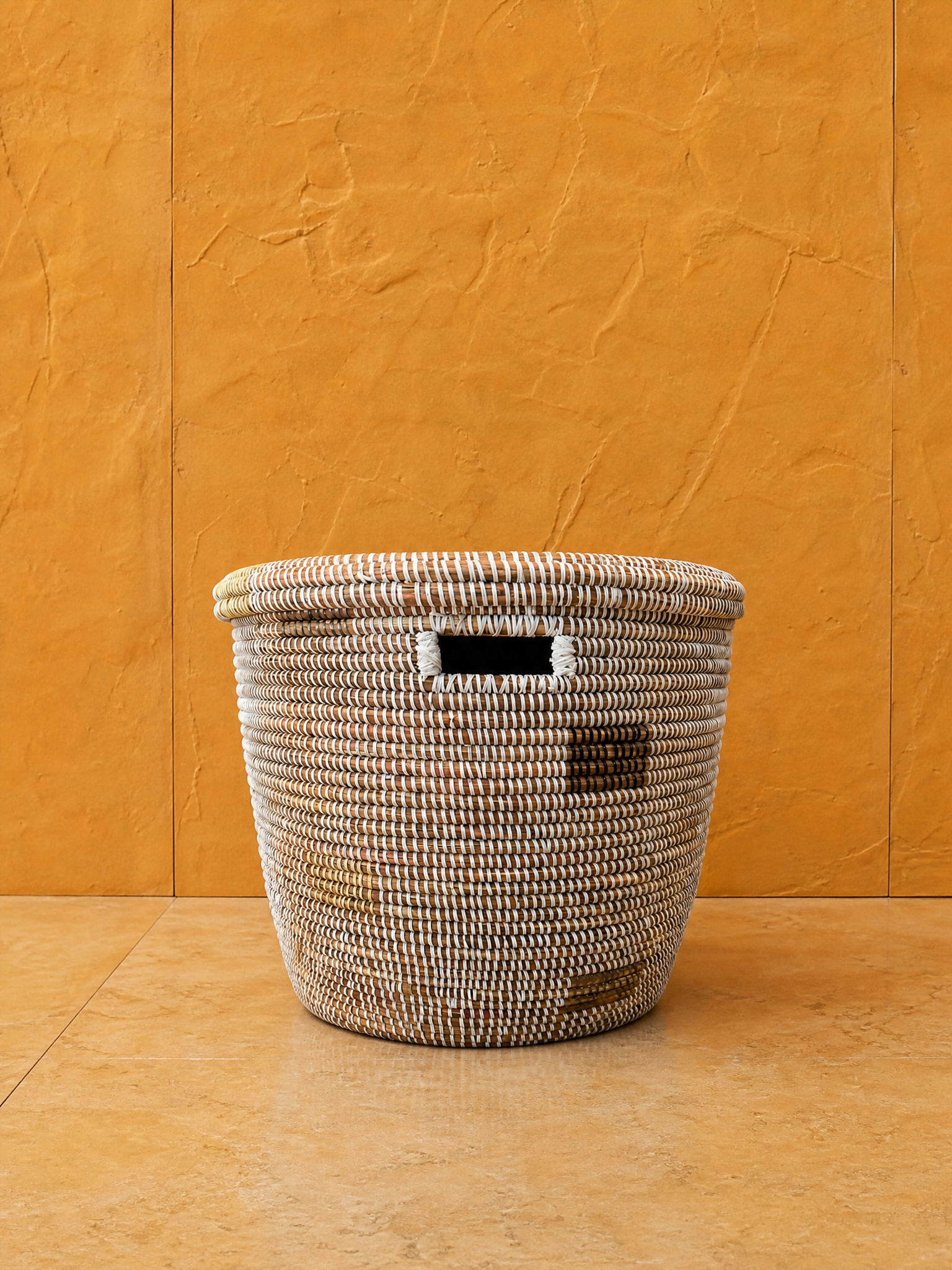 Minimalist White Round Basket with Gray Squares