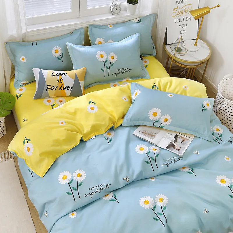 Daisy Printed King Size Duvet Cover Set with Sheets High Quality Washed Cotton Bedding Set