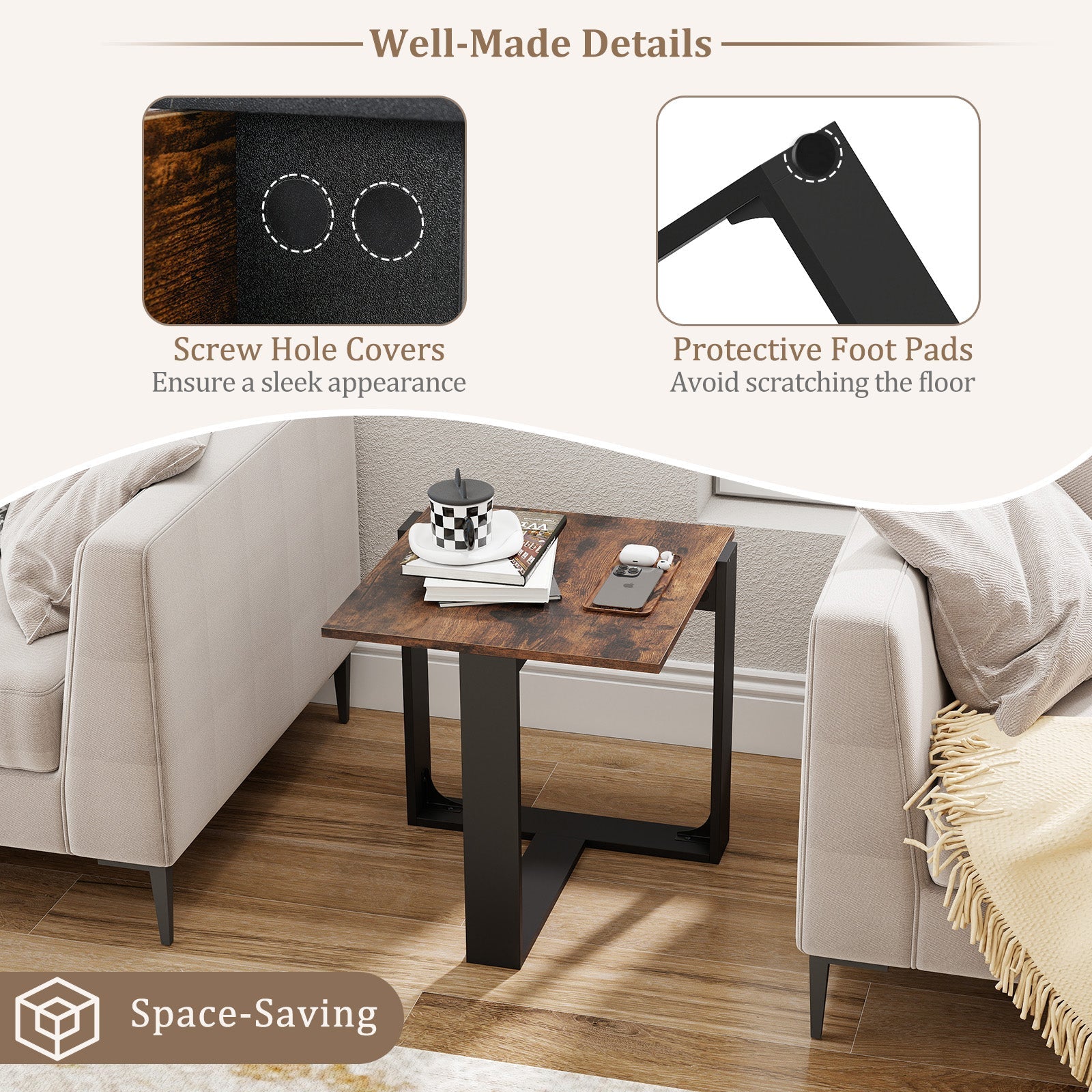 Industrial Sofa End Table with Metal Frame