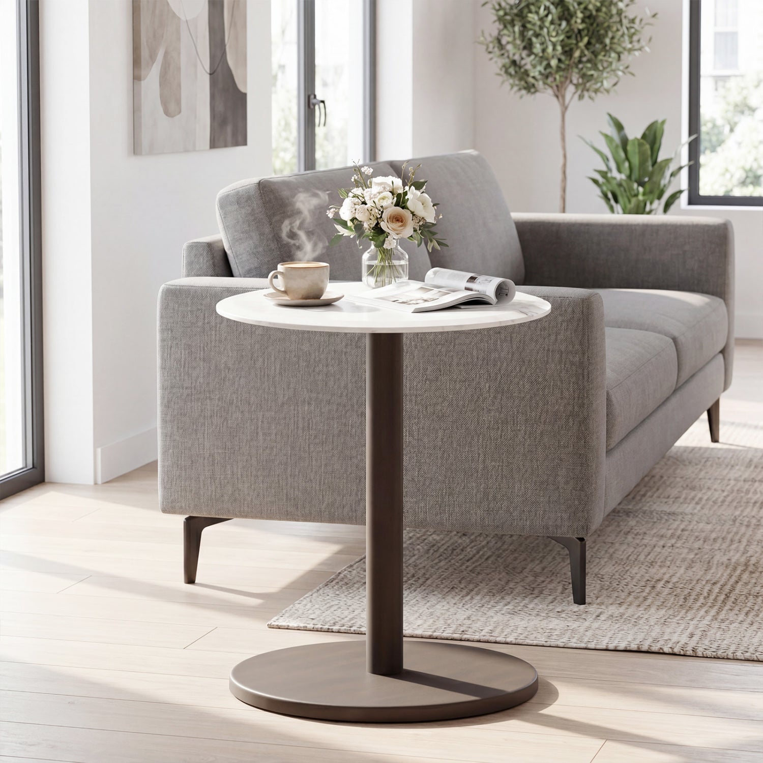 Round Marble Side Table Pedestal End Table with Stone Finish and Wooden