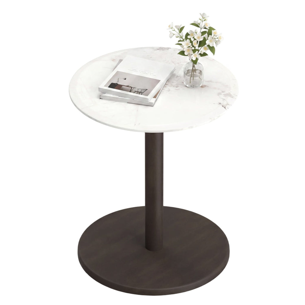 Round Marble Side Table Pedestal End Table with Stone Finish and Wooden