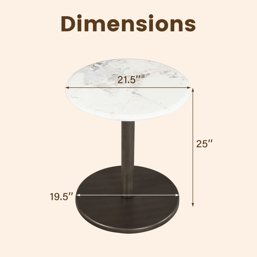 Round Marble Side Table Pedestal End Table with Stone Finish and Wooden