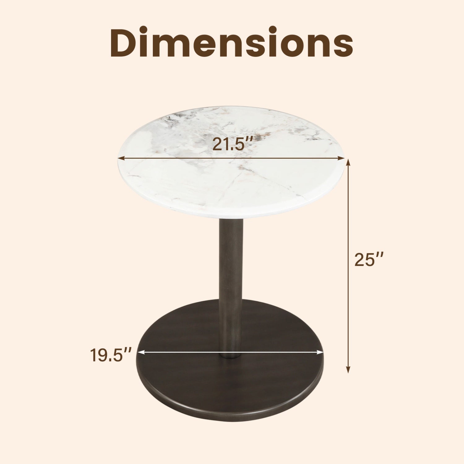Round Marble Side Table Pedestal End Table with Stone Finish and Wooden