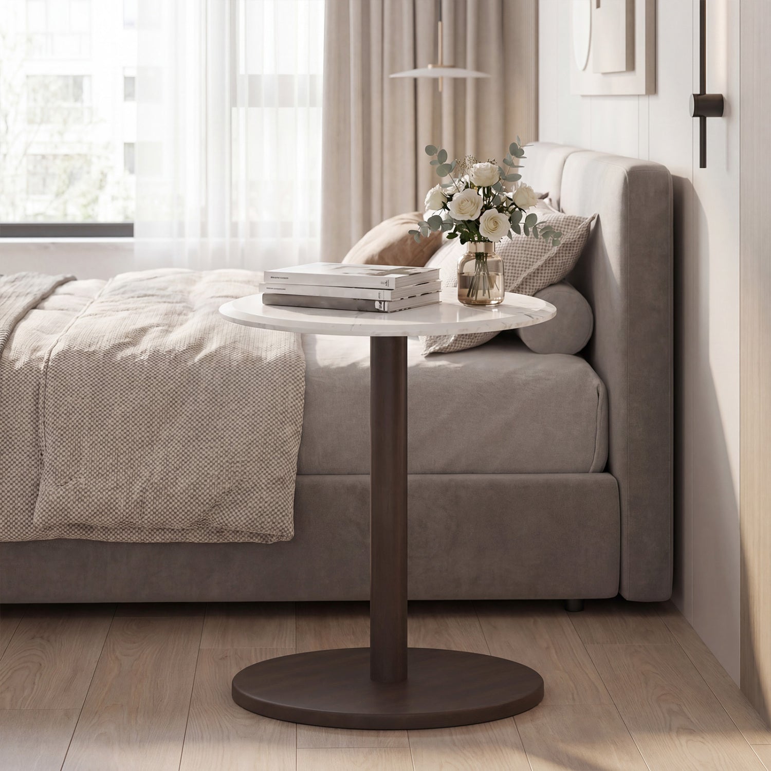Round Marble Side Table Pedestal End Table with Stone Finish and Wooden