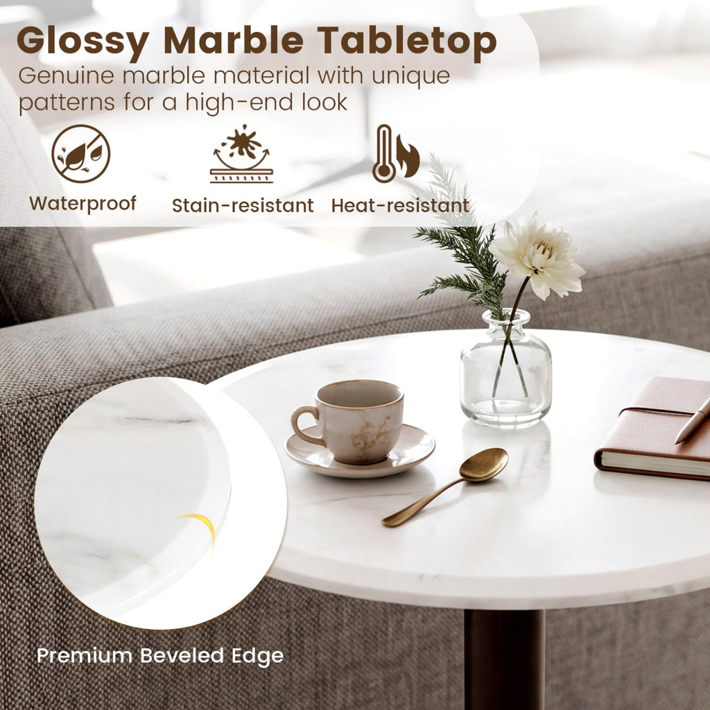 Round Marble Side Table Pedestal End Table with Stone Finish and Wooden