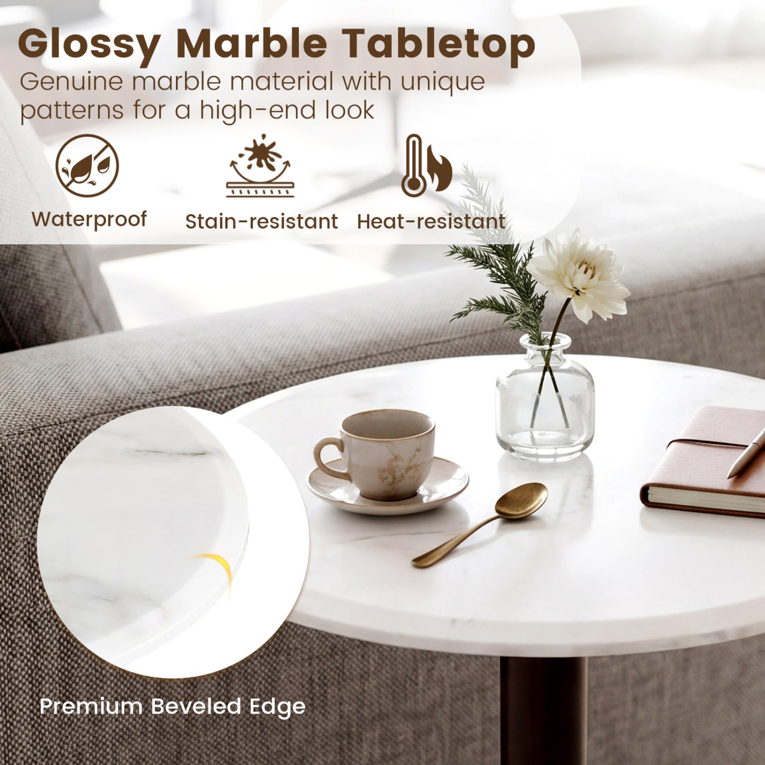 Round Marble Side Table Pedestal End Table with Stone Finish and Wooden