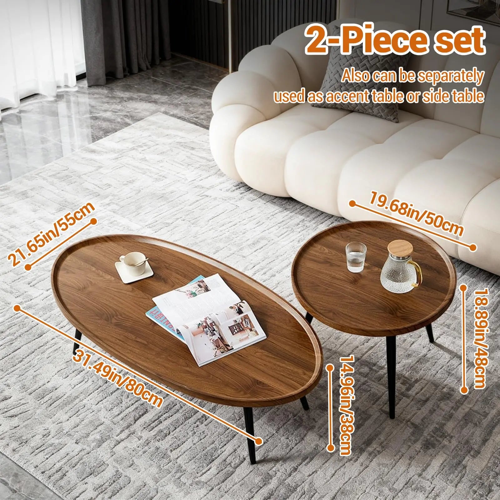 Nesting Coffee Table Set of 2 Mid Century Modern Walnut End Tables